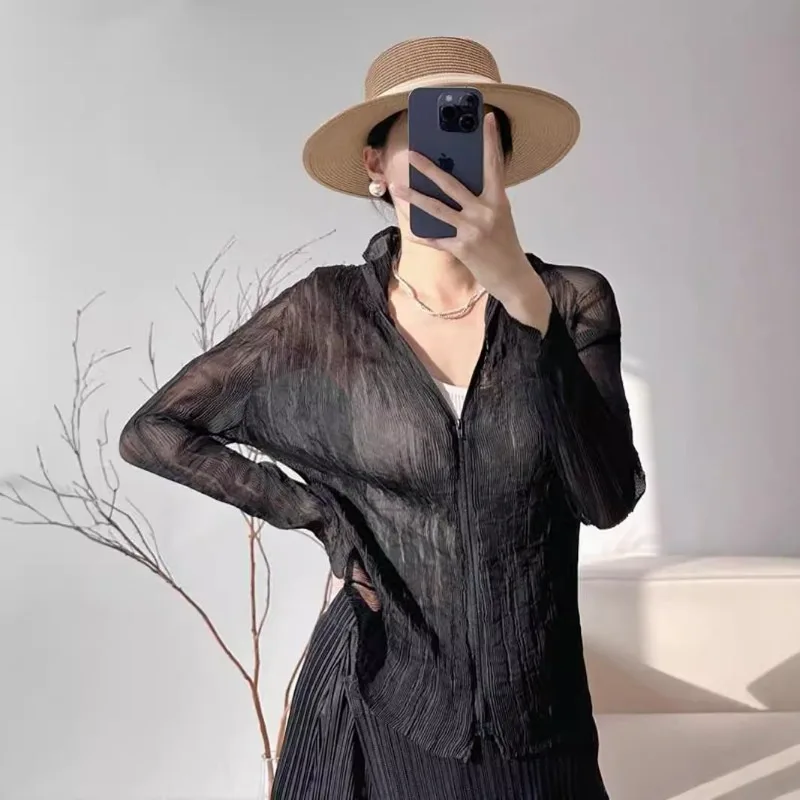 Miyake Pleated Thin Lace Jacket 2025 Summer New Women's Simple Section Zipper Air Conditioning Hoodie Sun Protection Clothing