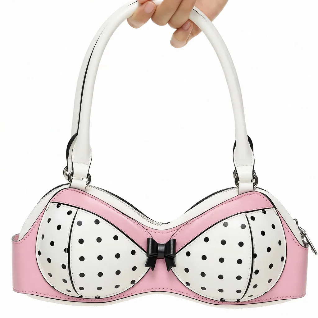 Bra Shaped Pink White Polka Dot Shoulder Bag,Corset Shape Top Handle Handbag,Women Lightweight Everyday Commute Casual Tote Bag