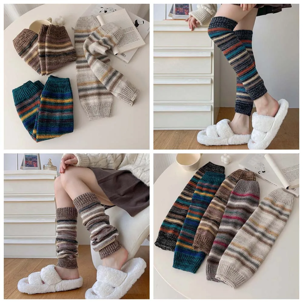 Knitted Foot Cover Wool Women Leg Warmers Knee Pads Coarse Knit Leg Warm Socks Stripe JK Uniform Knee Cover Women