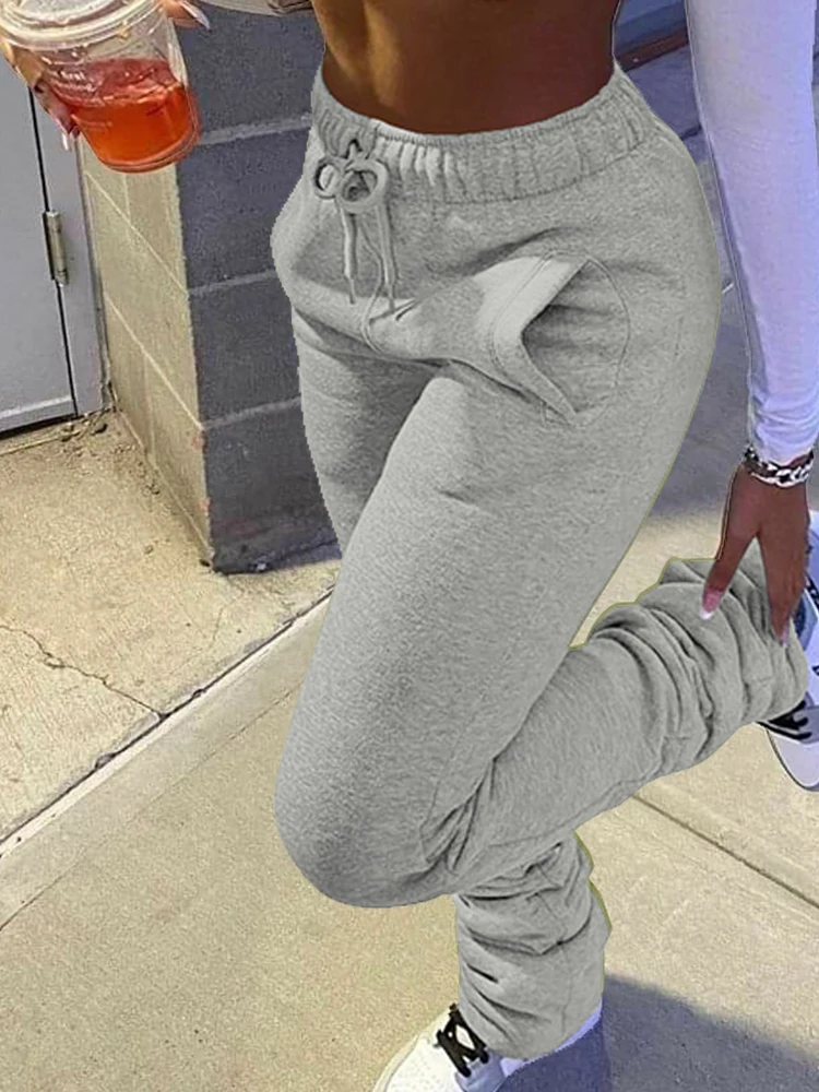 New Sales Solid Stacked Pencil Pants Women High Waist Pocket Drawstring Ruched Fleece Trousers Sporty Jogging Bottoms Sweatpants