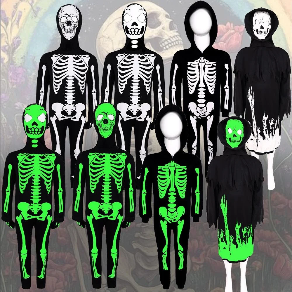زي هيكل عظمي مضيء للأطفال لعروض المسرح وحفلات التنكر، بدلة قطعة واحدة لعيد الهالوين والفعاليات عبر الحدود