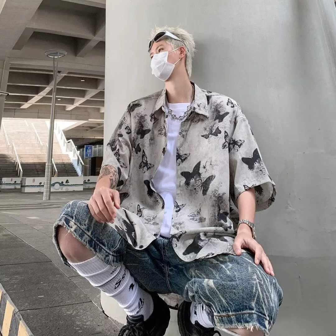 Tie dyed butterfly shirt men loose chic draped ice silk shirt summer trend sexy style ins handsome short half sleeve jacket
