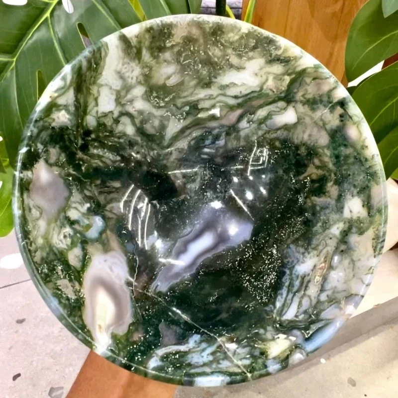 High quality large shape carved jade gem bowl unique natural moss agate crystal bowl decorative stone