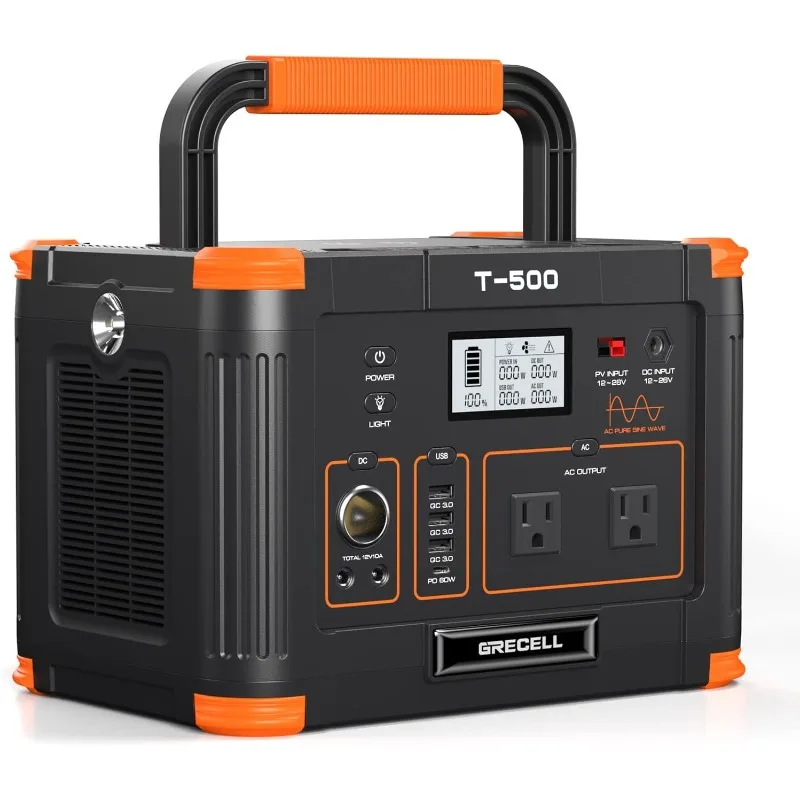 Power Station 500W(Peak 1000W), 519Wh Outdoor Solar Generator Backup Battery Pack with 2 110V AC Outlets