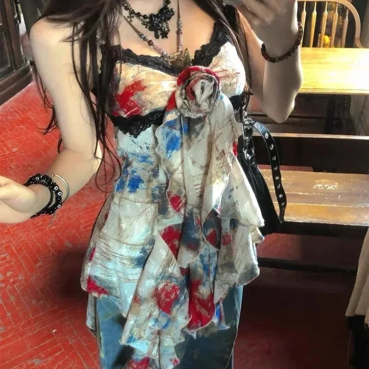 

New Summer Print Suspender Skirt American Spice Girl Temperament Lace Three-dimensional Flower Top Y2k Clothes Y2k Top