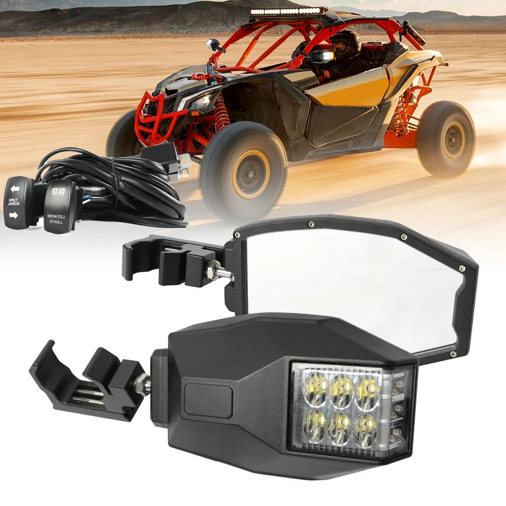 Side by Side SXS Polaris Can-Am UTV RZR Aluminum Rear View Mirror LED Side Mirror with Turn Light for 1.75