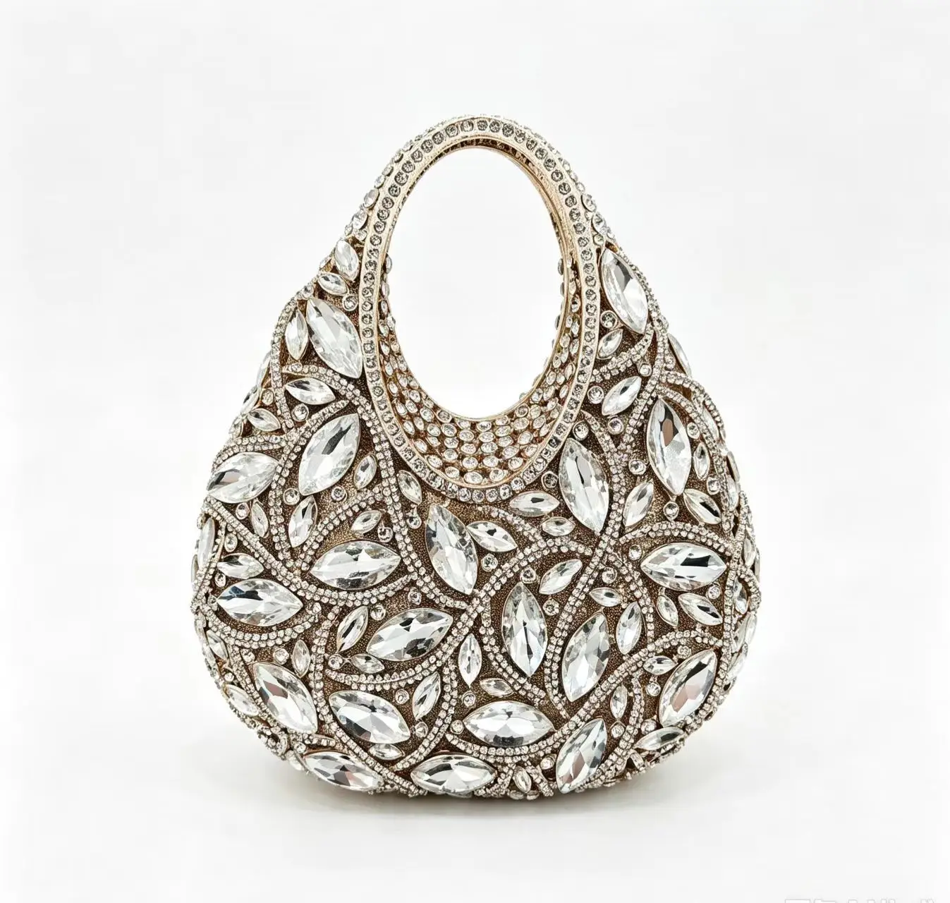 Women Wine Red Teardrop Crystal Ring Handle Clutch Bag Hollow Metal Full Rhinestone Evening Purse Wedding Cocktail Formal Party