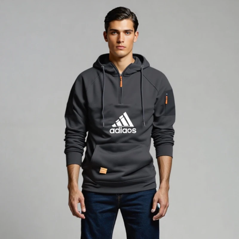 

Autumn and winter fashion men's zippered pocket top, printed long-sleeved hooded sweatshirt, casual men's loose pullover