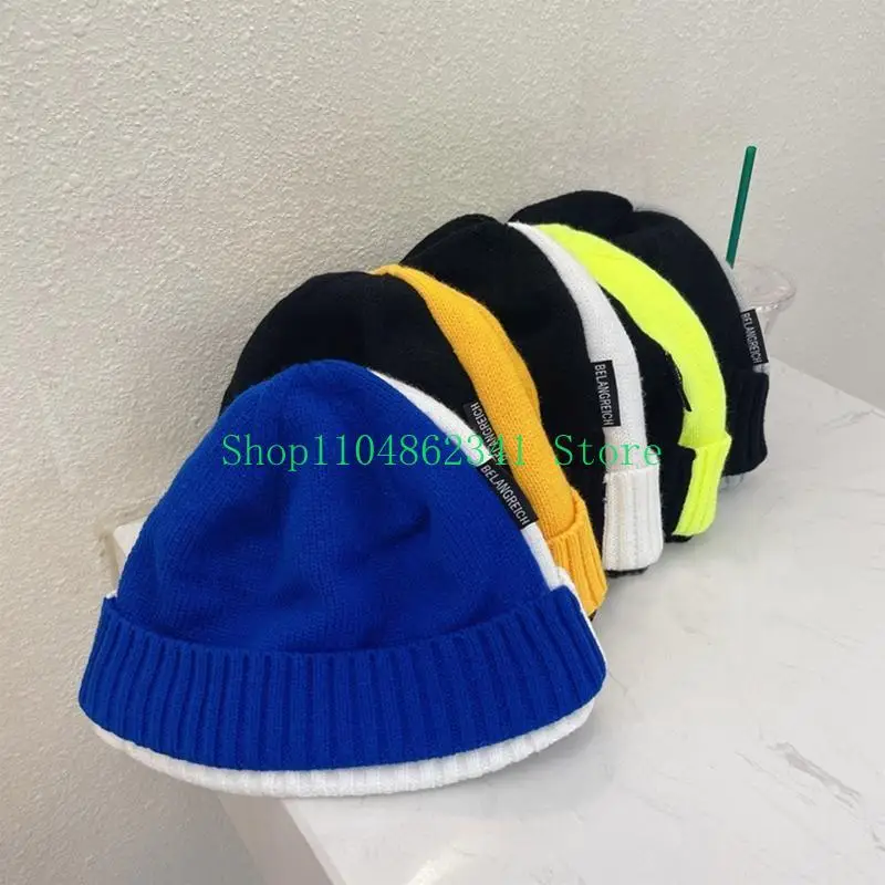 652F Trendy Knitted Hat Color Matching Beanie Hat Melon Hat Ear for Protection for Bo