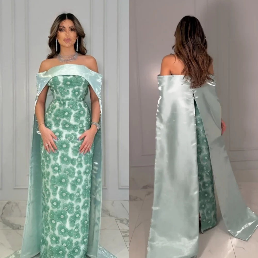 Customized Satin Flower Beading Ruched Cocktail Party A-line Off-the-shoulder Bespoke Occasion Gown Long Dresses