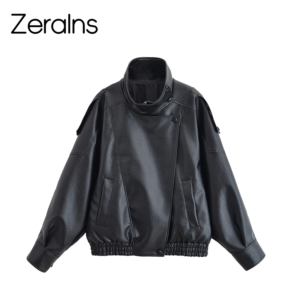 ZERAINS Autumn new women's clothing European and American fashion loose imitation leather long sleeved stand up collar jacket