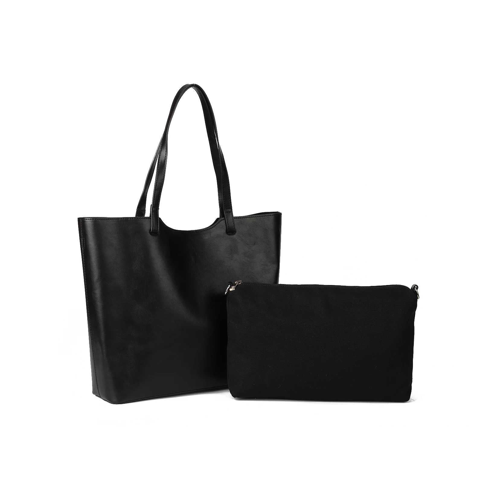 2PCS women shoulder tote handbag PU leather large capacity computer purse bag wallet Black gift for Lady