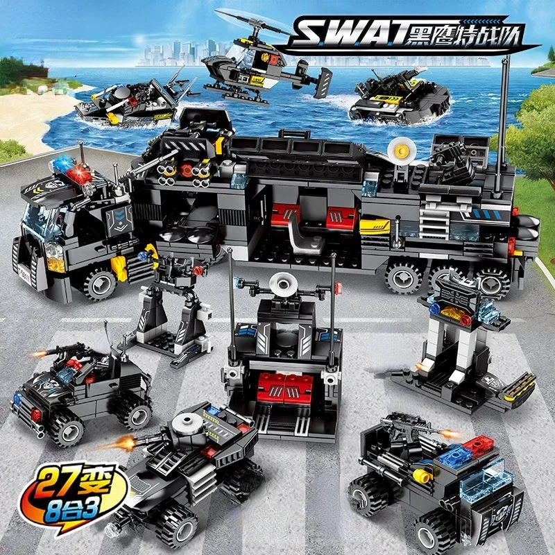 City Series Police Station SWAT Building Blocks Fighting Robot Helicopter Bricks Kit Educational Toys for Children Gifts