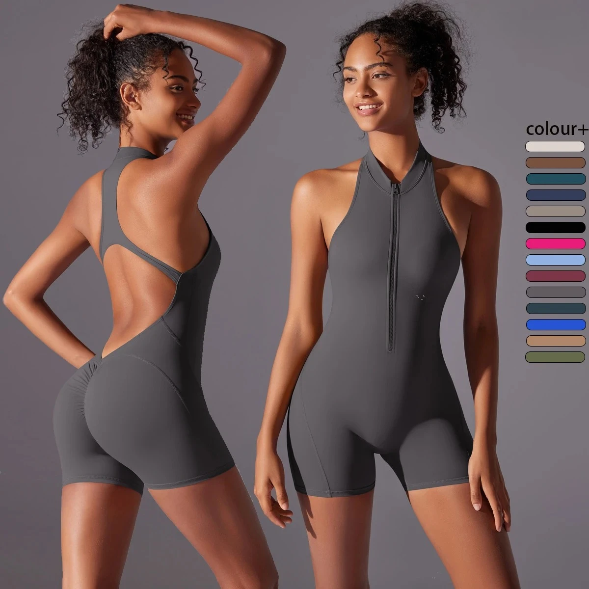 

Half Zipper Women Bodysuits Gym Push Up Workout Clothes Backless Scrunch Fitness Sports Yoga Bodysuit Sleeveles Fitness Jumpsuit