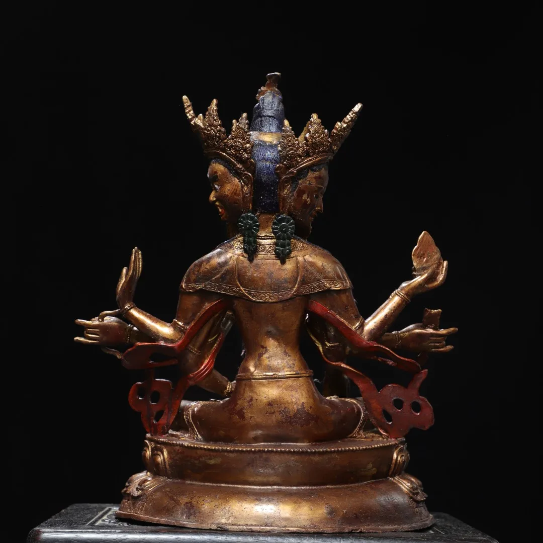 17 Old Bronze Gilded  Painted Face 3 heads and 8 arms Buddha Namgyalma Sitting Buddha Amitabha Buddha Worship Hall