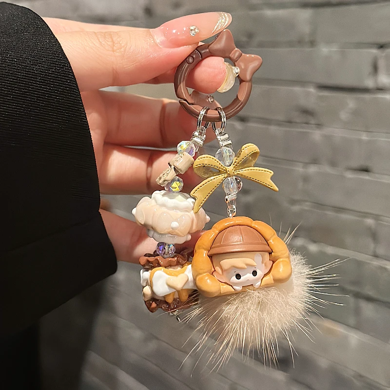 New Pop Bean Baked Bread Diy Molly Labubu Fluffy Plush Ball Phone Chain Student Cute Keychain Girl Bag Cars Key Pendant for Gift