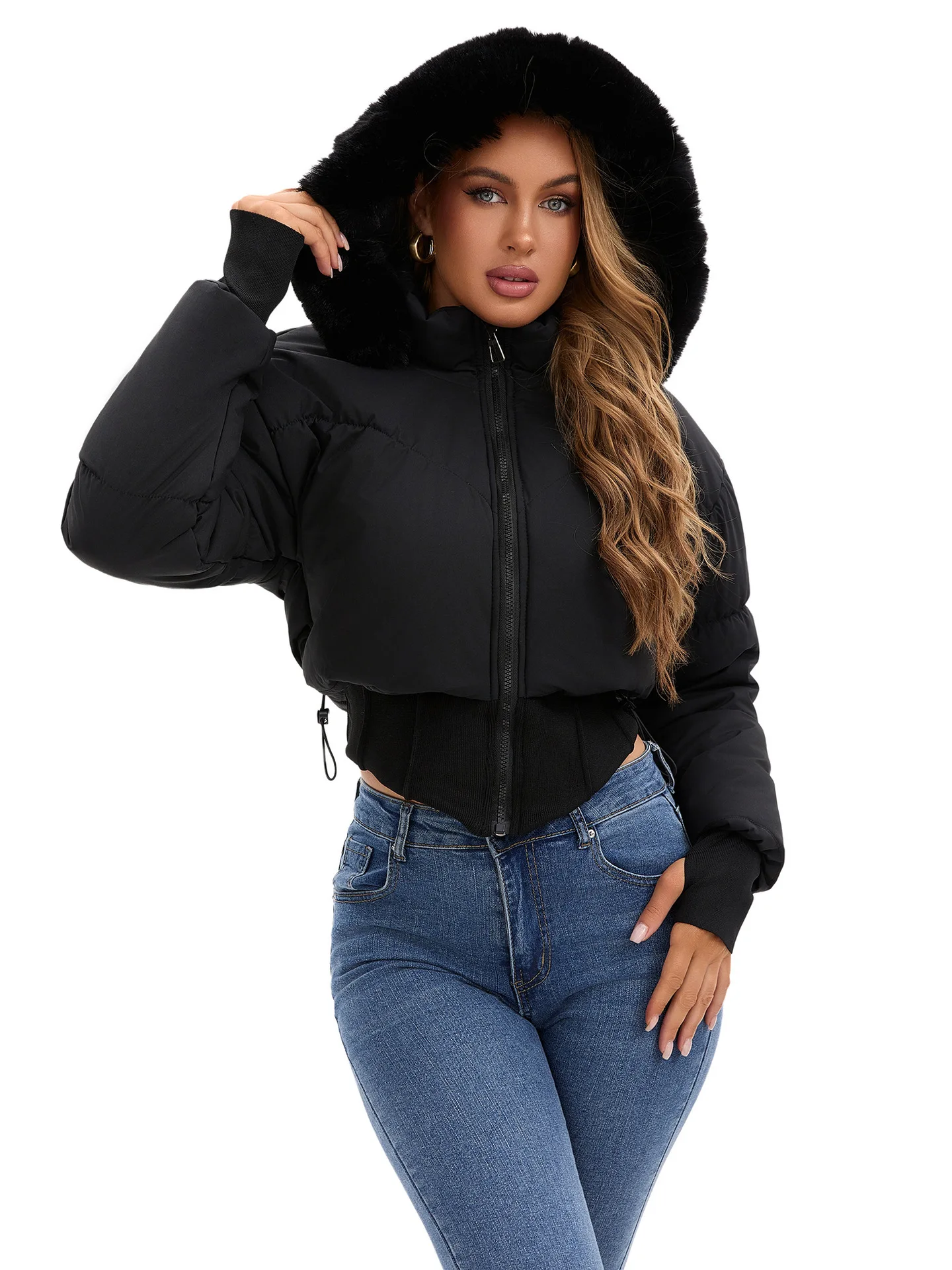 

Thickened Short Cotton Jacket Women's New Style Warm Coat with Big Fur Collar Waist-Cinching Design Outerwear
