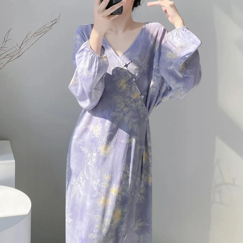 Floral Cotton Silk Nightgown Women, Long-Sleeved, Loose And Thin, Suitable Spring Summer, Simple Comfortable Home Wear - view 3