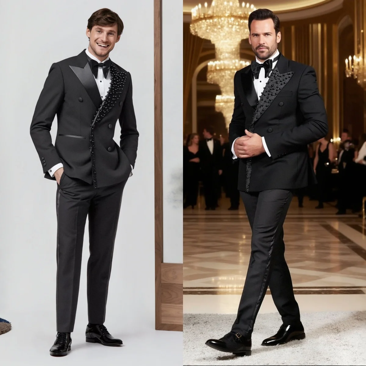 Gentleman Beaded Wedding Tuxedos Peaked Lapel 2 Pcs Men Suit Handsome Double Breasted Evening Party Grooms Suits Customized