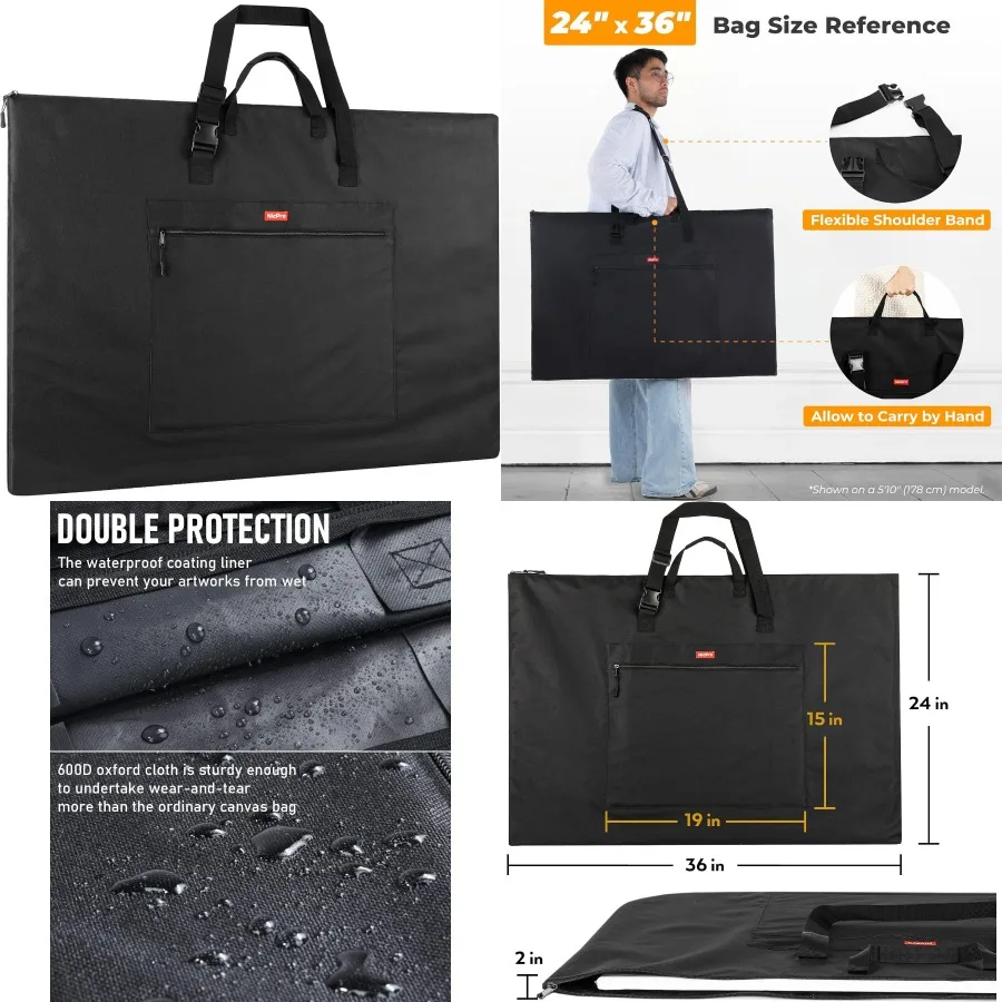 Lightweight Art Portfolio Bag 24 x 36 Inches Waterproof Case with Adjustable Shoulder Strap and Handle Carry for Protecting Art