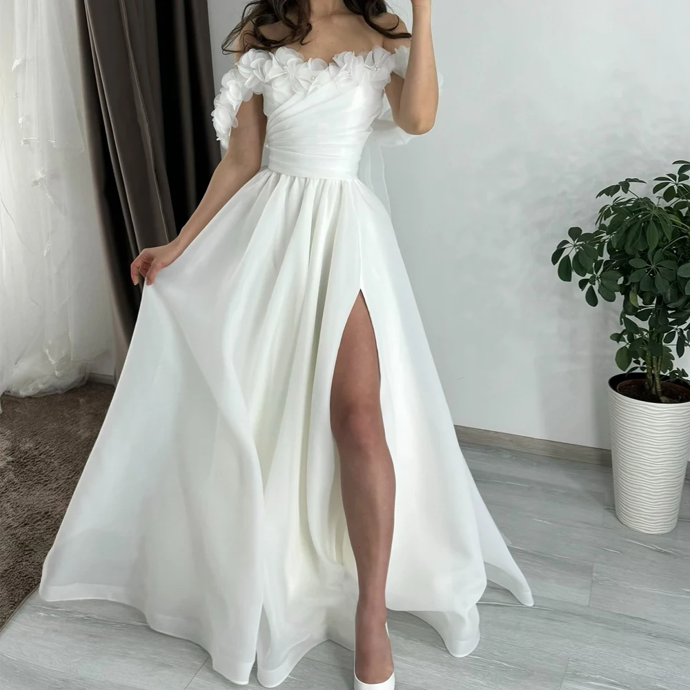 

Customized Strapless Off Shoulder Sleeves Wedding Dresses A Line Lace Up Back Bridal Growns Front Slit Organza Vestido de novia
