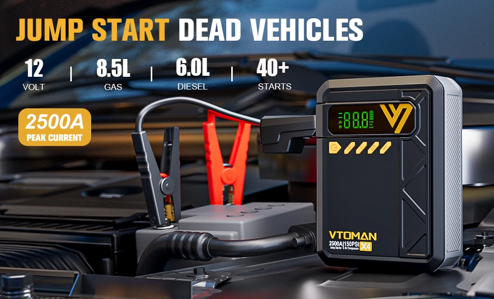 VTOMAN X4 2500A – tragbares Starthilfegerät für Autobatterien mit integriertem 150-PSI-Luftkompressor, 12-V-Notfall-Starthilfegerät für Fahrzeuge mit 8,5-Liter-Benzin- und 6,0-Liter-Dieselmotoren. – Detail 1