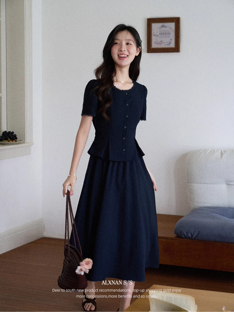 

ALXNAN Women's Dress Dark Blue Long Elegant Fake Two-piece Dress 2025 Summer Office Lady Casual Short Sleeve Clothing DYL662007