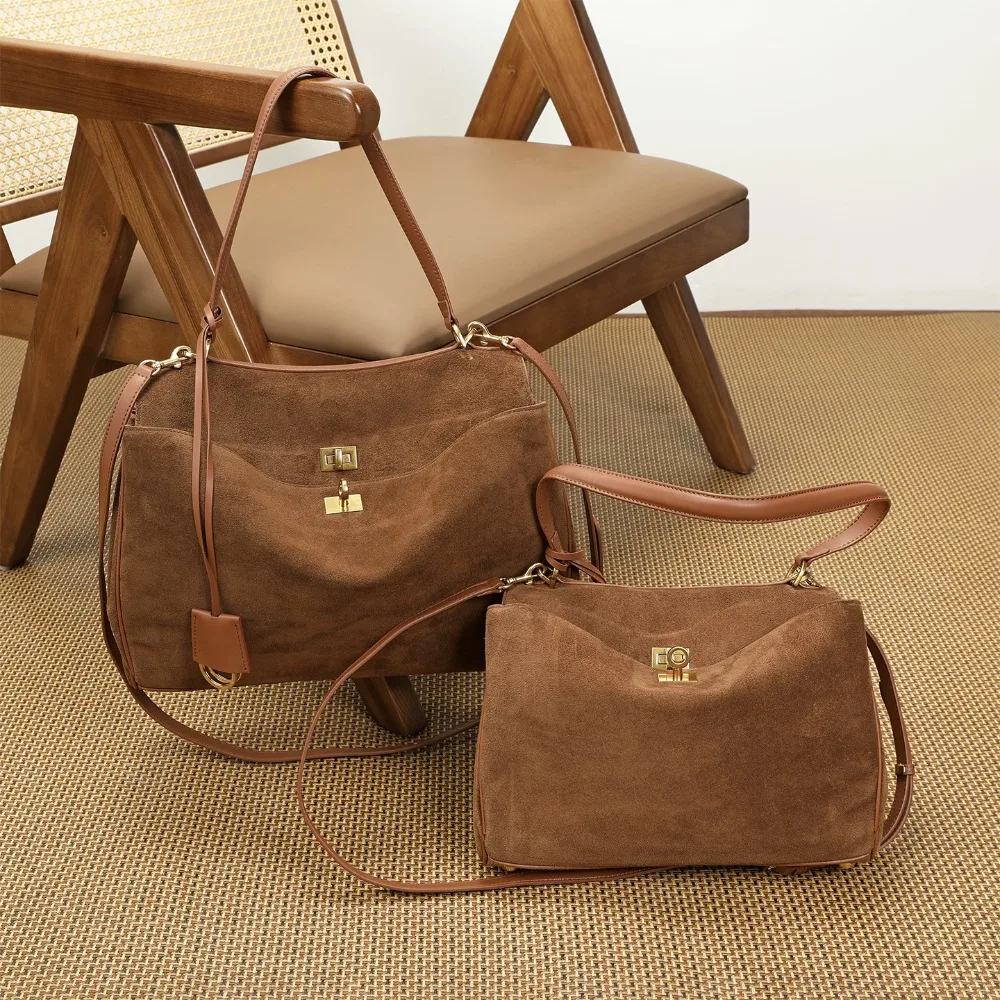 

Autumn and Winter New Suede Retro Matte Cowhide High-end Sense Large-capacity Tote Bag Versatile Commuter Leather Bag Women