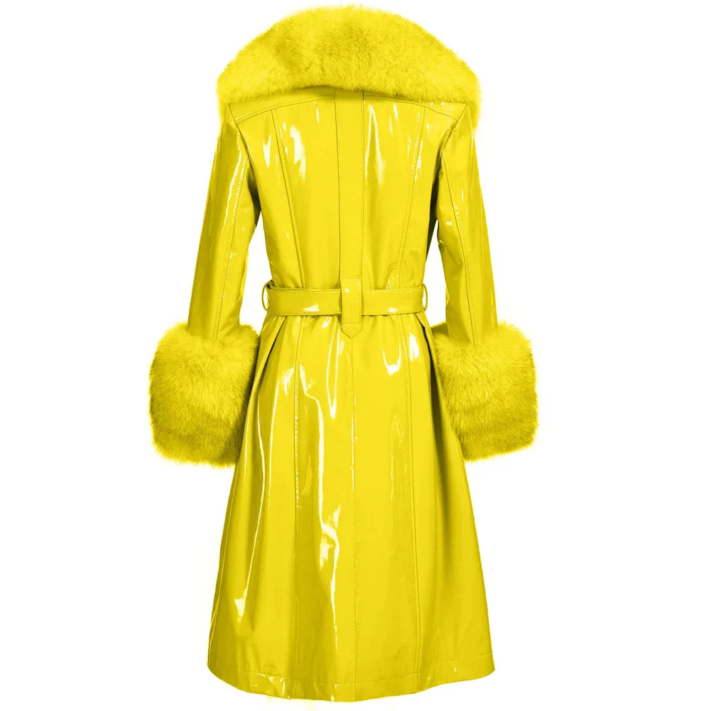 Denny&Dora Bright Yellow Plus Size Coat Women Real Fox Fur Collar Long Genuine Leather Coat Trench