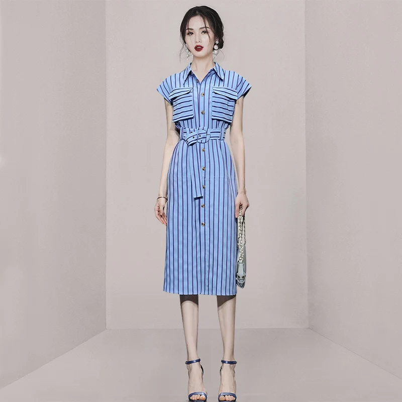 2023 Summer Blue Striped Shirt Dresses Fashion Designer Women Lapel Single Breasted Pockets Ladies Office Midi Dress With Belt