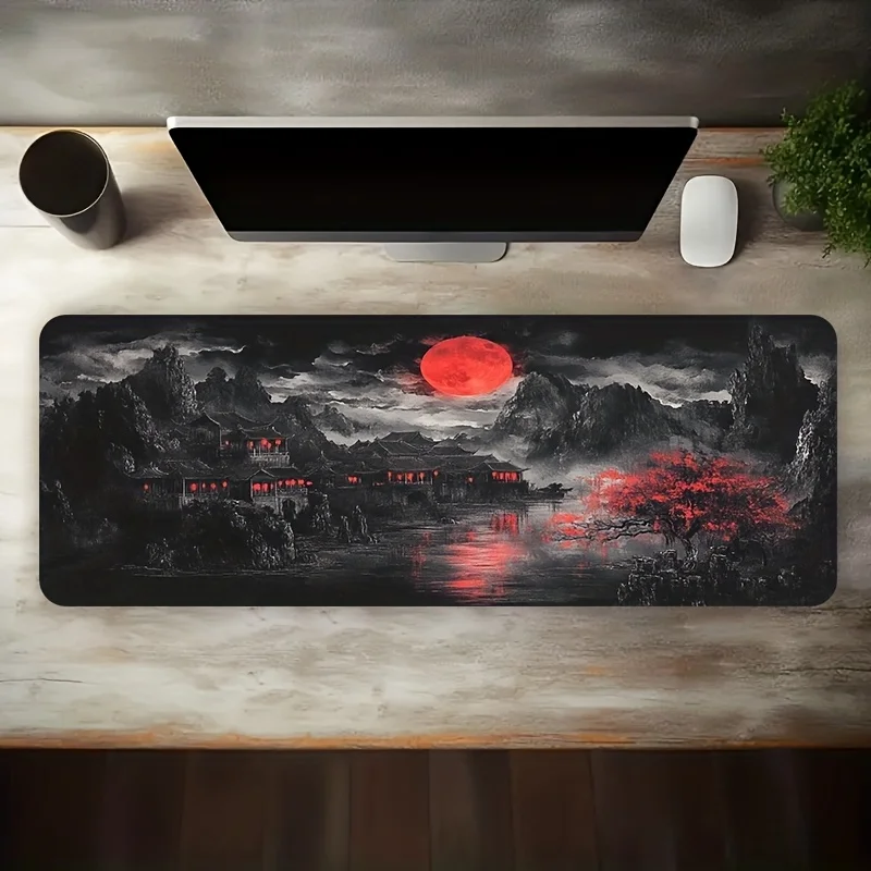 Iron Art Large Gaming Desk Mat Red Moon Chinese Ink Pattern Non Slip Washable Rubber Stain Resistant Oversized Mouse Pad