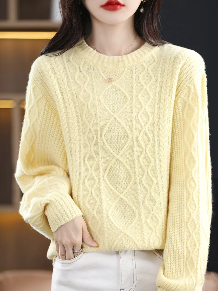 Autumn and Winter Thickened 100% Merino Wool Women's O-neck 2024 New Coarse Line Loose Sweater Knitted Base