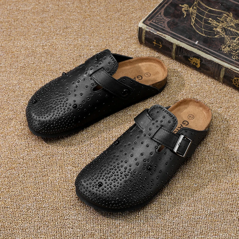 White Mules Men Closed Toe Half Slippers Slip On Flats Sneakers Leather Slide Sandals Backless Loafer Open-back Casual Shoes