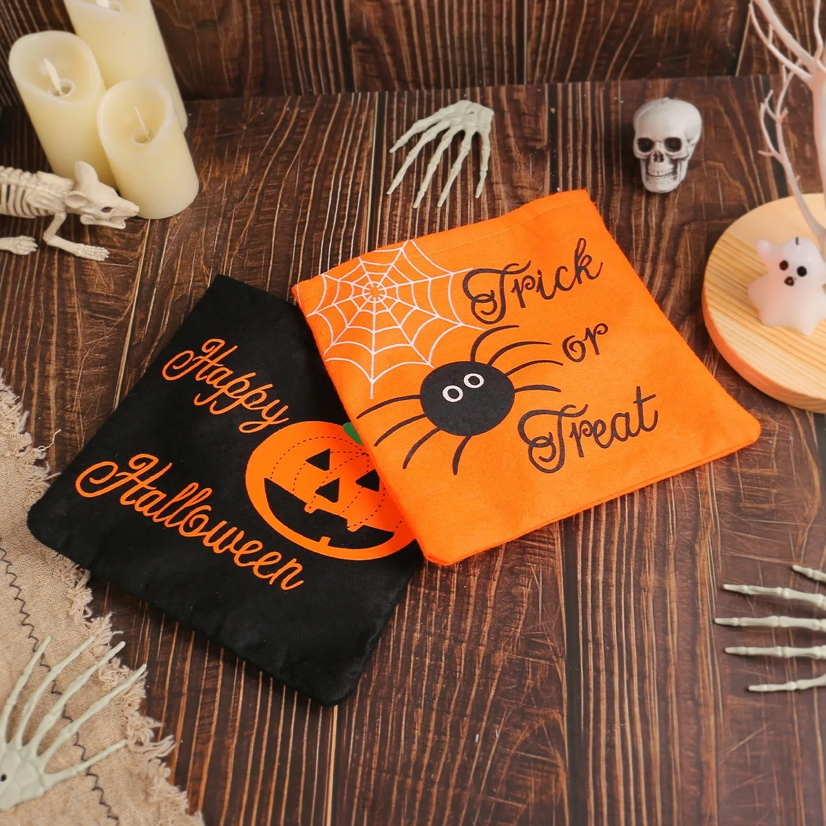 Halloween Canvas Trick Or Treat Tote Bag Pumpkin Spider Web Print Kids Candy Handbag Cosplay Party Gift Storage Bag Holiday Home