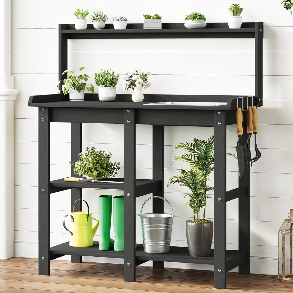 

Potting Bench, Outdoor Potting Bench Table with Removable Sink, HDPS Potting Benches for Outside, Garden Table with Storage