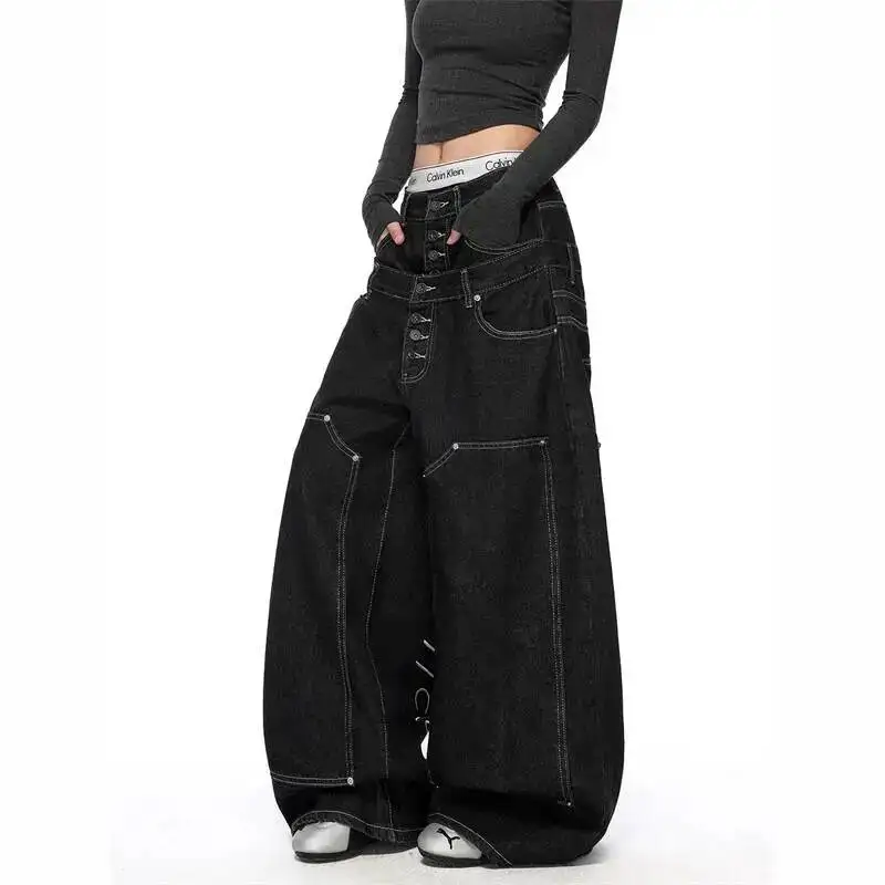 New Black Niche Men's Baggy Jeans Letter Embroidery Casual Double Waistband Deconstructed Wide Leg Denim Long Pants QI6G