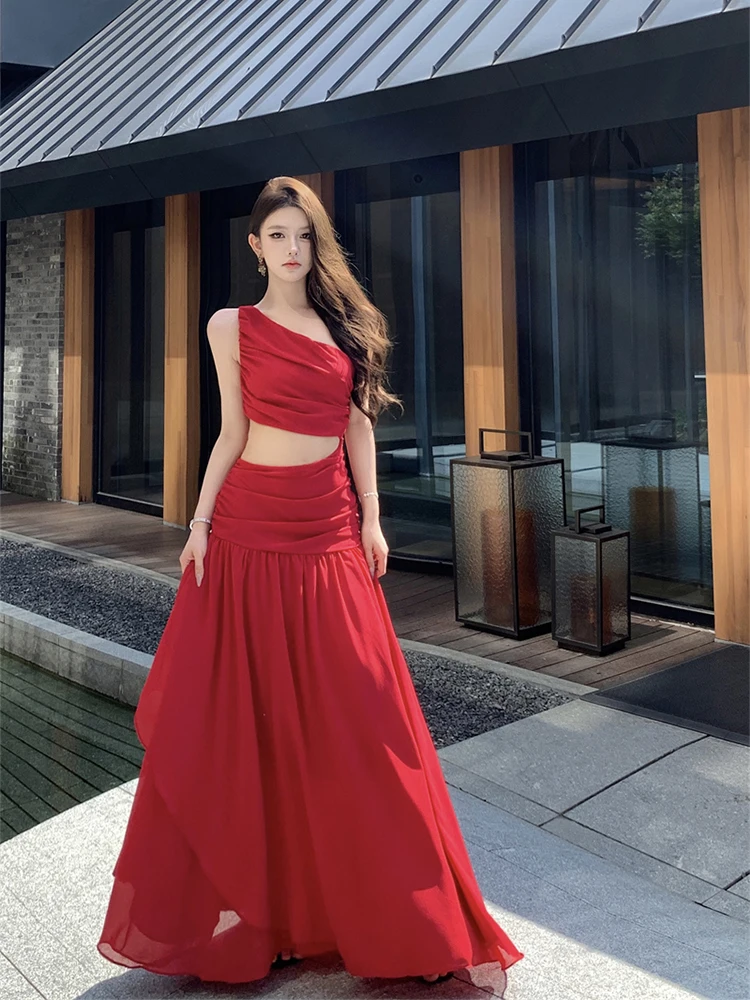 French style Romantic Red White Long Dress High-End Feel Waist-Length Sleeveless Vacation Gown Bohemian Dress