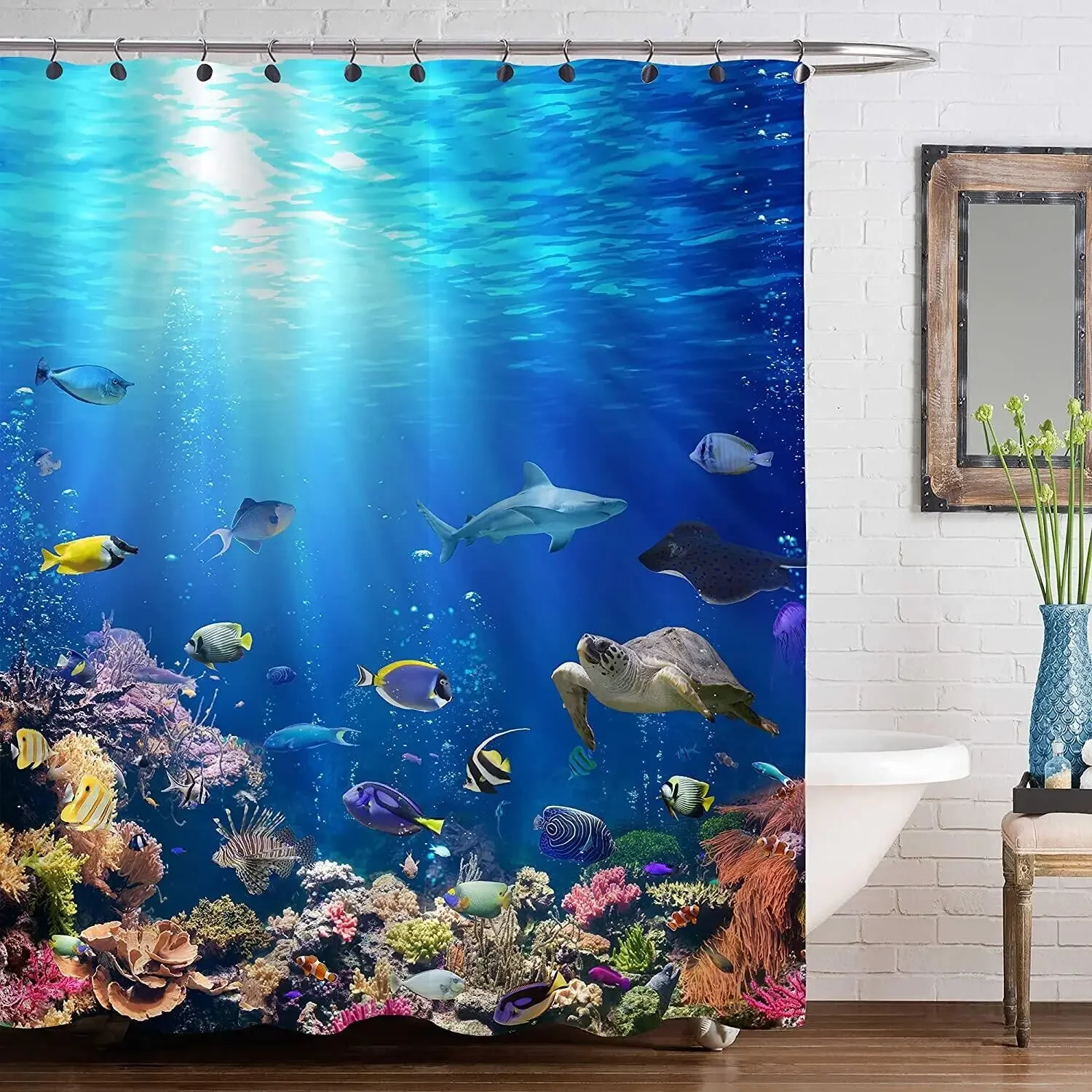 Tropical Ocean Shower Curtains for Kids Blue Ocean Dolphin Sea Turtle Fish Themed Kids Bathroom Fabric for Bath Curtain Decor