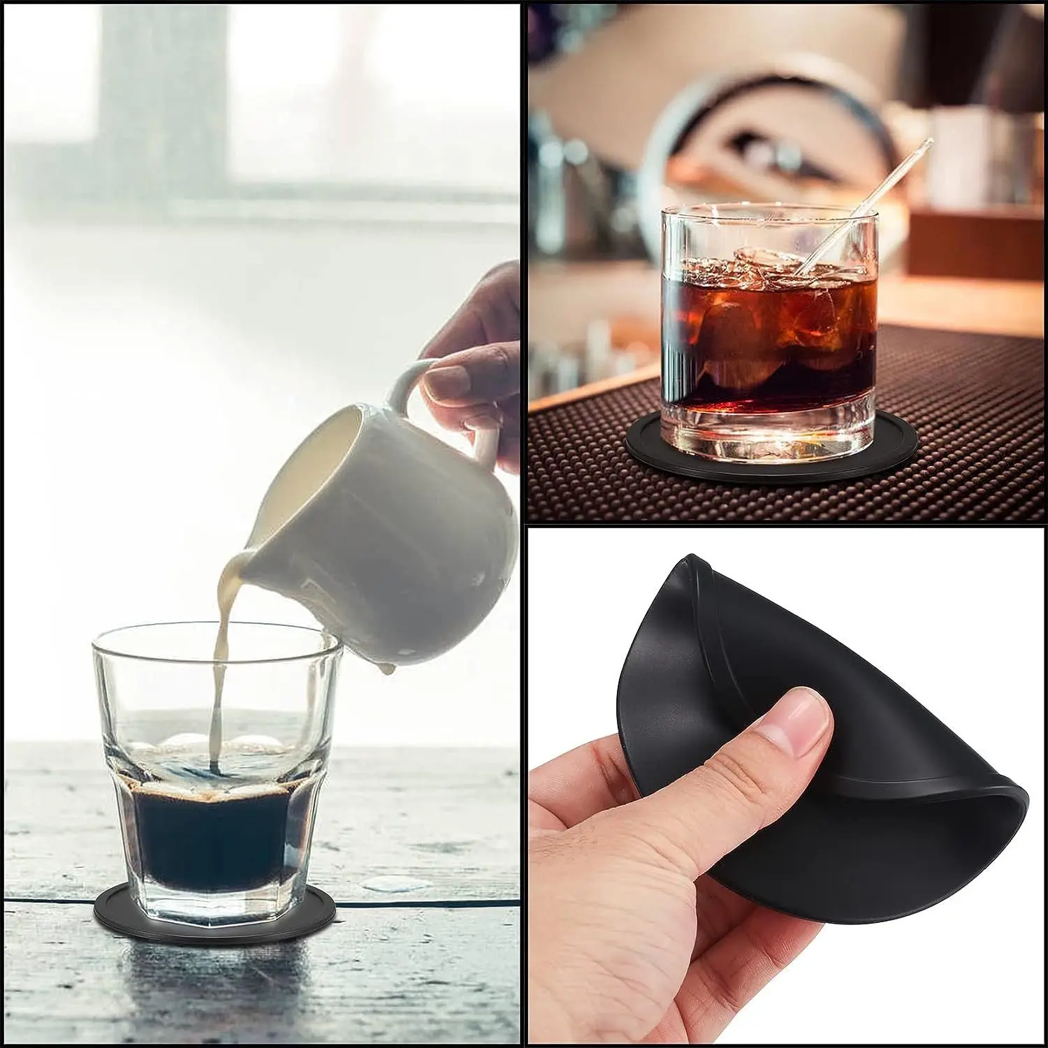 7pcs Non-slip Silicone Drinking Coaster Set Holder Cup Coaster Mat Set Black Round Silicone Mat Home Office Table Decor Cup Pad