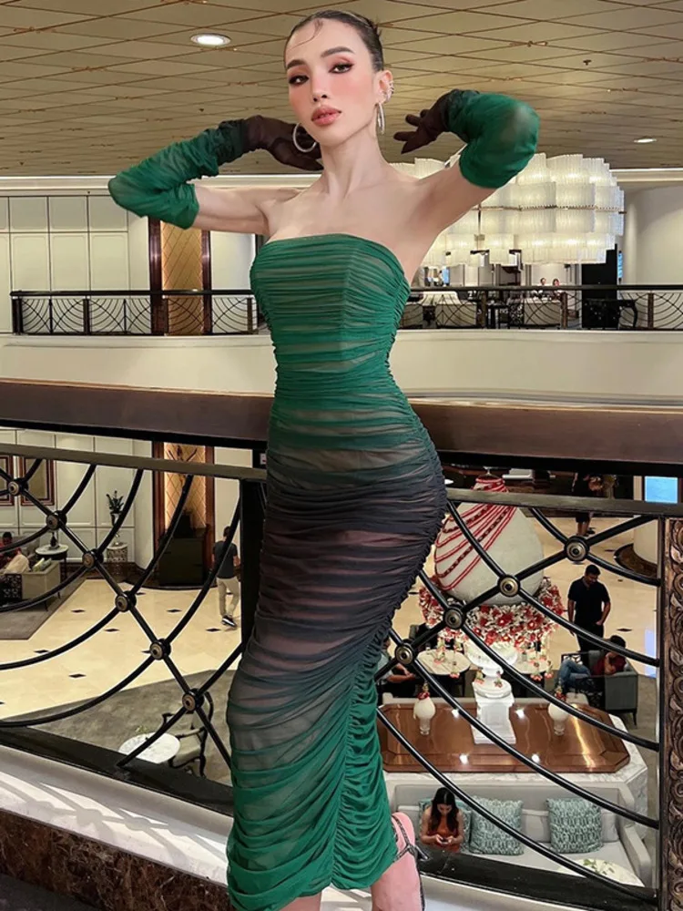 Articat-Vestido de Malha Gradiente Feminino, Bodycon Modificado, Sem Alças, Split, Dupla Camada, Midi, Festa Noturna, Clube