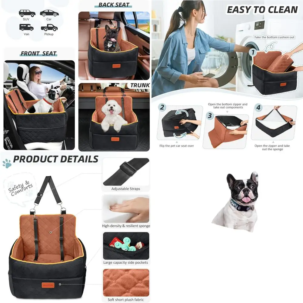 

Memory Foam Booster Seat with Cushion for Medium Dogs up to 35lbs, Washable Car Bed with Pockets and 2 Safety Belts