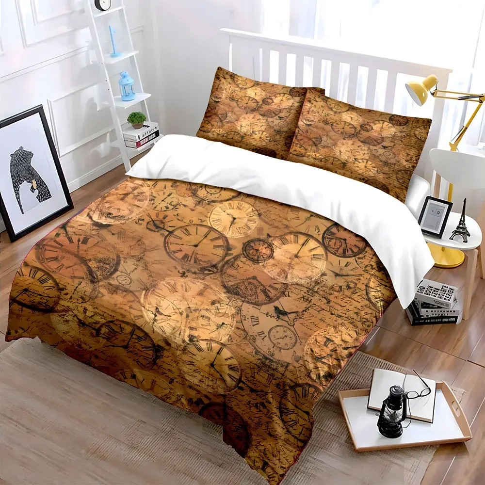 Vintage Clock Pattern Set Soft Comfortable Duvet Cover Bedding Set Included 1*Duvet Cover & 2*Pillowcases, gift