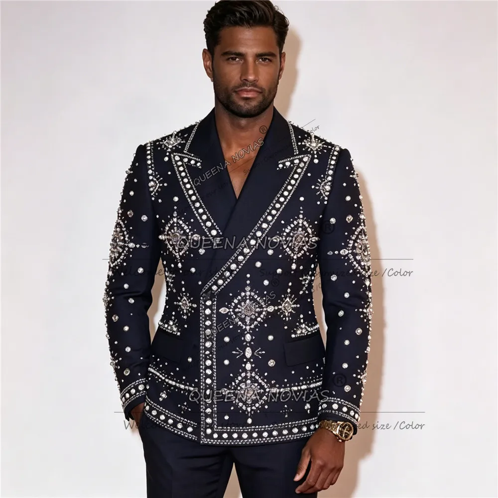 

Exquisite Men's Suit Diamond Beaded Prom Blazer Customized Double Breasted Jacket Pants 2 Piece Sets Groom Wedding Tuxedos 2026