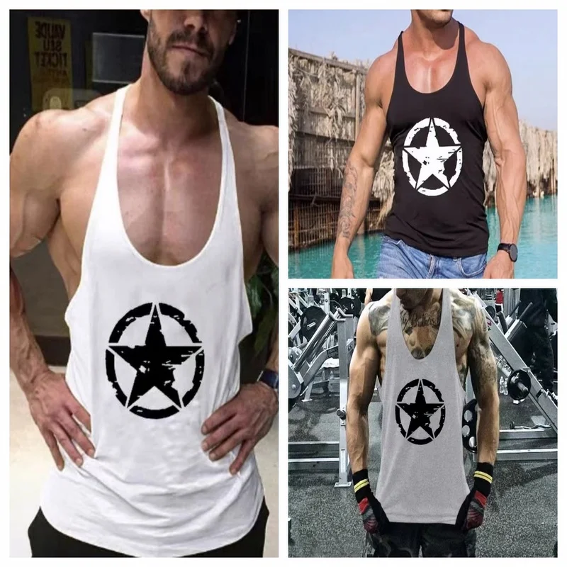 

2025 Popular Men's Fitness Gym Comfortable and Casual Loose Oversized Star and Dumbbell Print Sports Sleeveless Vest Men