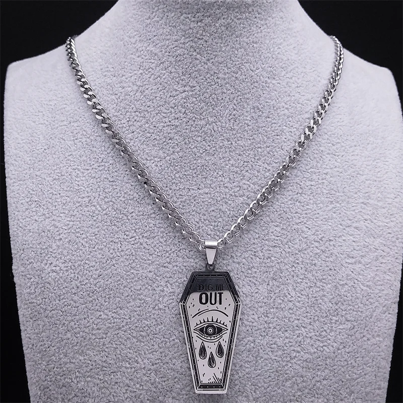 Punk DIG ME OUT Coffin Pendant Necklace Stainless Steel Goth Eyes Tears Necklaces Music Gothic y2k Jewelry collar acero N3703