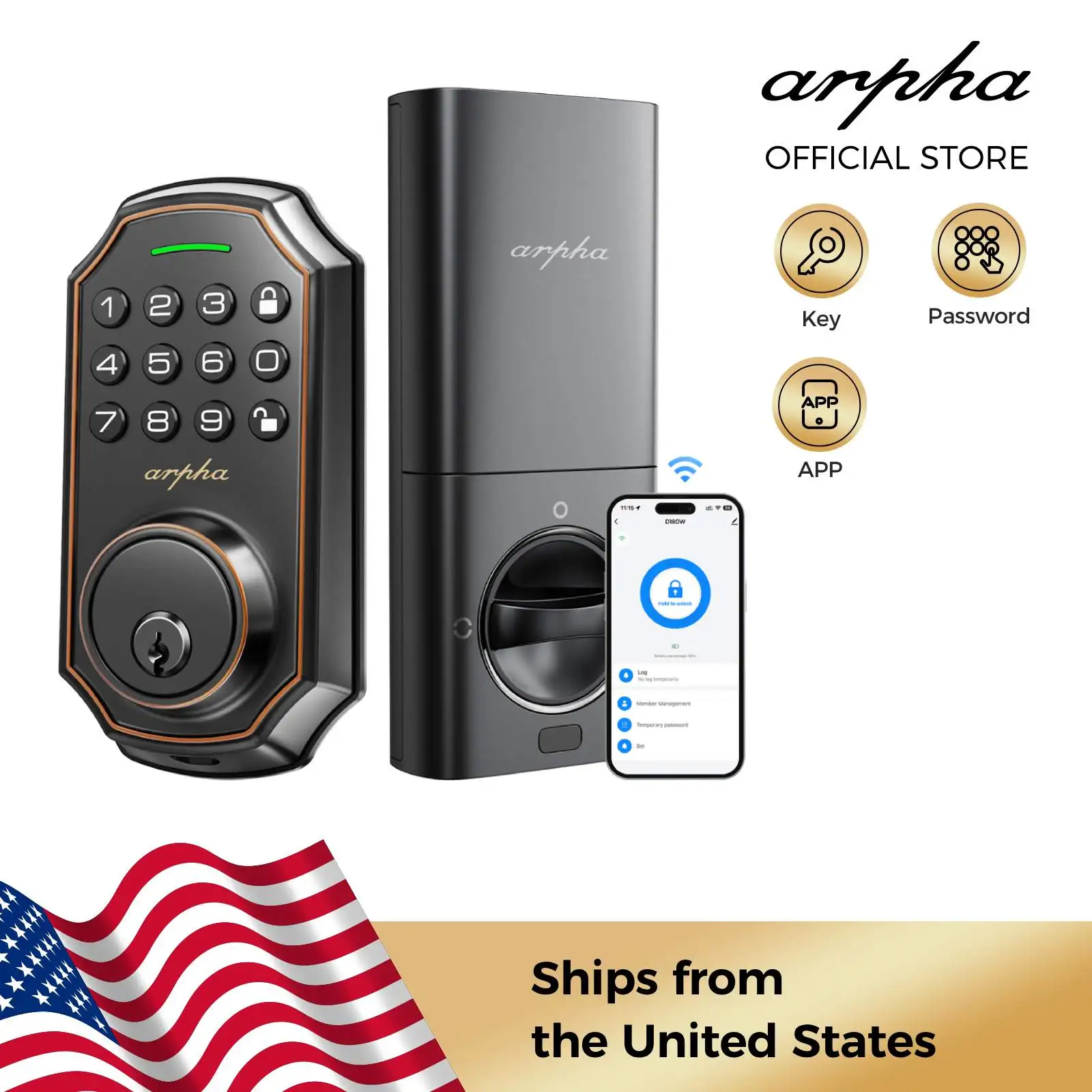 

Arpha Smart Door Lock ‎D180W WiFi Electronic Lock w/ 50 Passwords Combination Lock APP Remote Door Locks Control Easy to Install