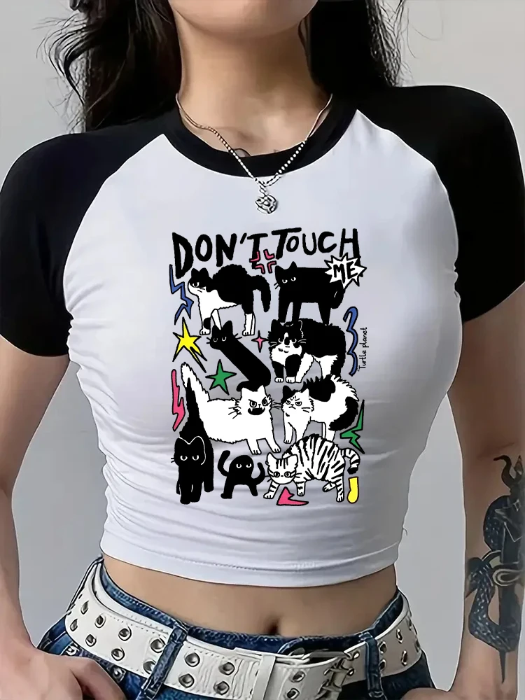 Don't Touch Me Cat Graphic Cropped Crew Neck Short Sleeve Crop Top T Shirt Women's Vintage Animal Print 100% Cotton Tees