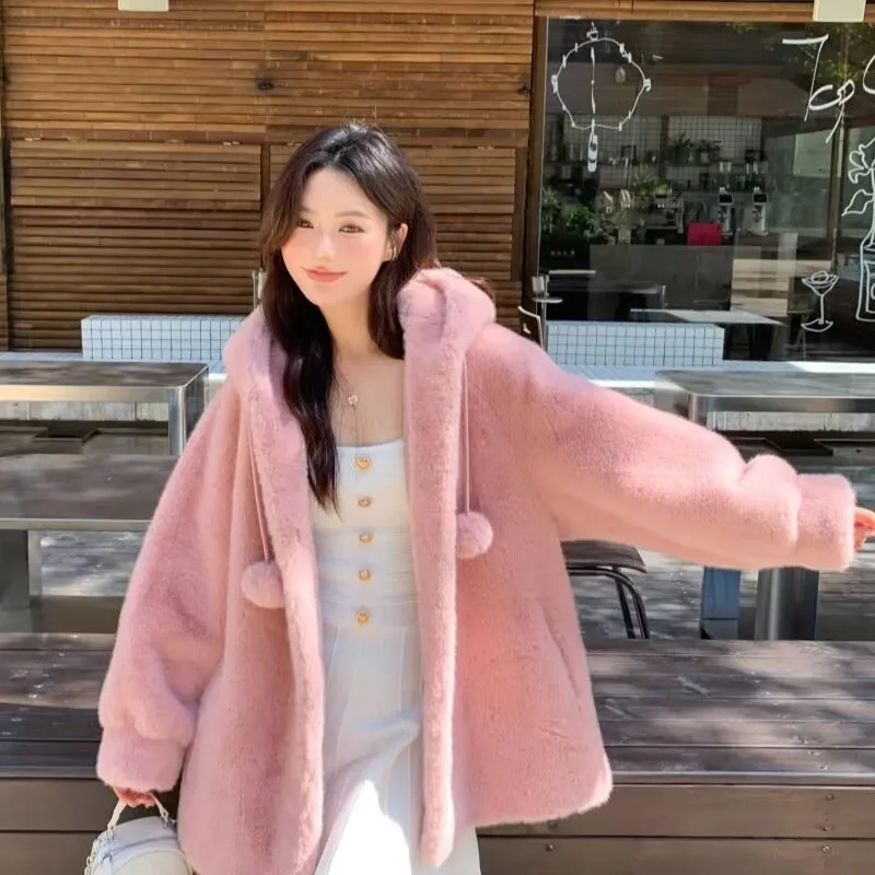 Women's Coat 2026 Winter New Style Lazy Style Solid Color fur Coat Women's Imitation Mink Hooded Gold Mink fur Coat Commuting