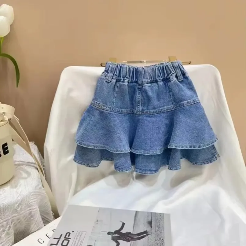 New Kids Girls' Denim Short Skirt Korean Edition Children's Fashion Ruffled Half Skirt Children's Spring  Denim Skirt