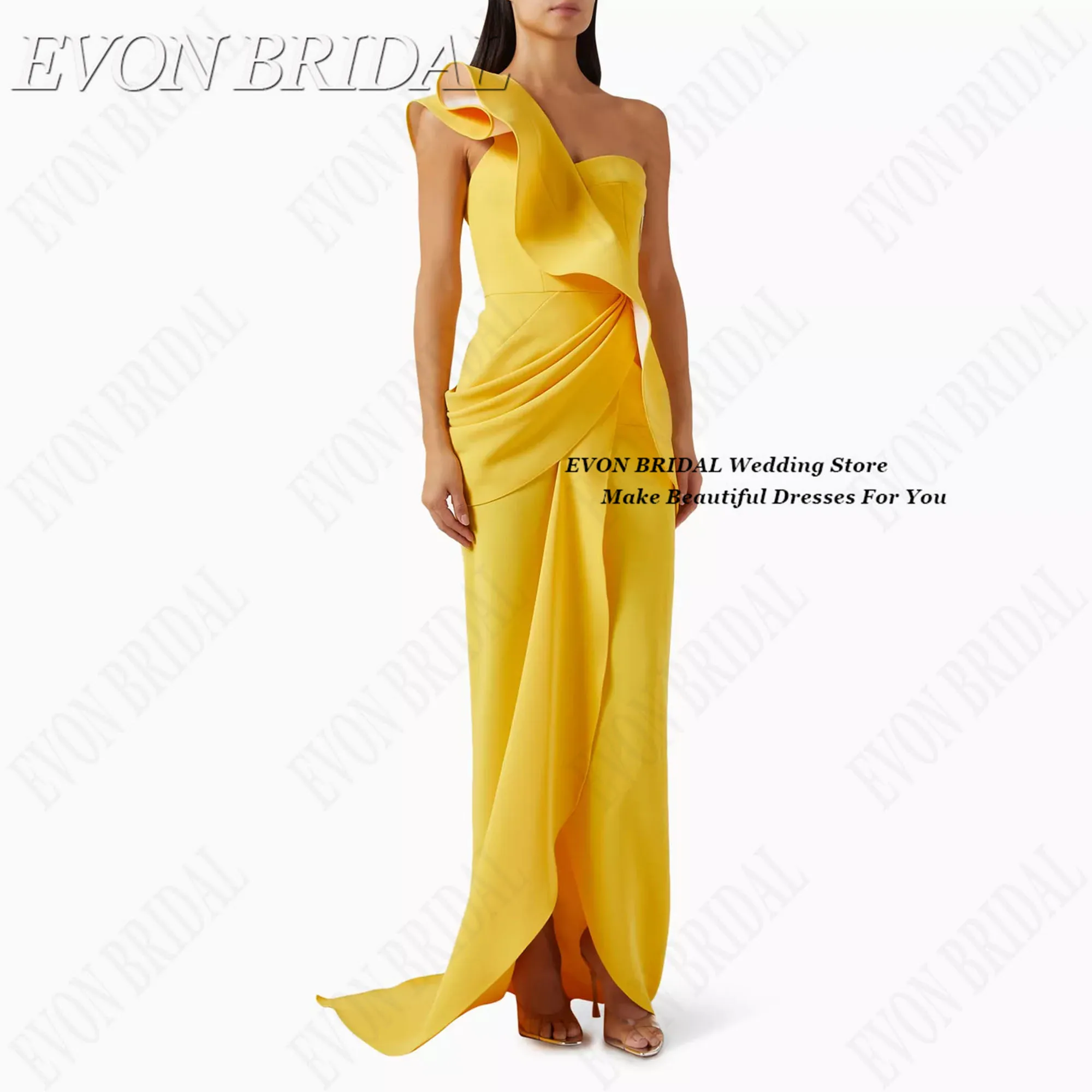 

Yellow One Shoulder Women's Evening Floor Length Fishtail Formal Dresses Women Slim-Fit Ceremony Dress EVON BRIDAL Customized